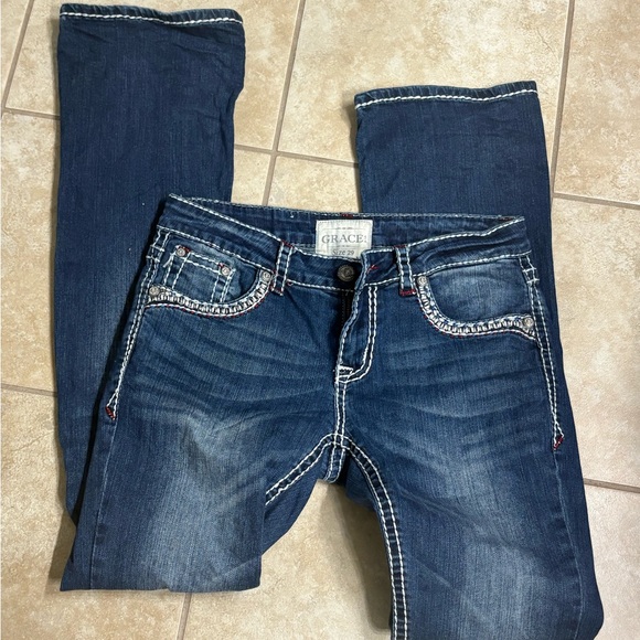 Grace Denim - Grace Women's Dark Blue Boot Cut Jeans with White Contrast Stitching